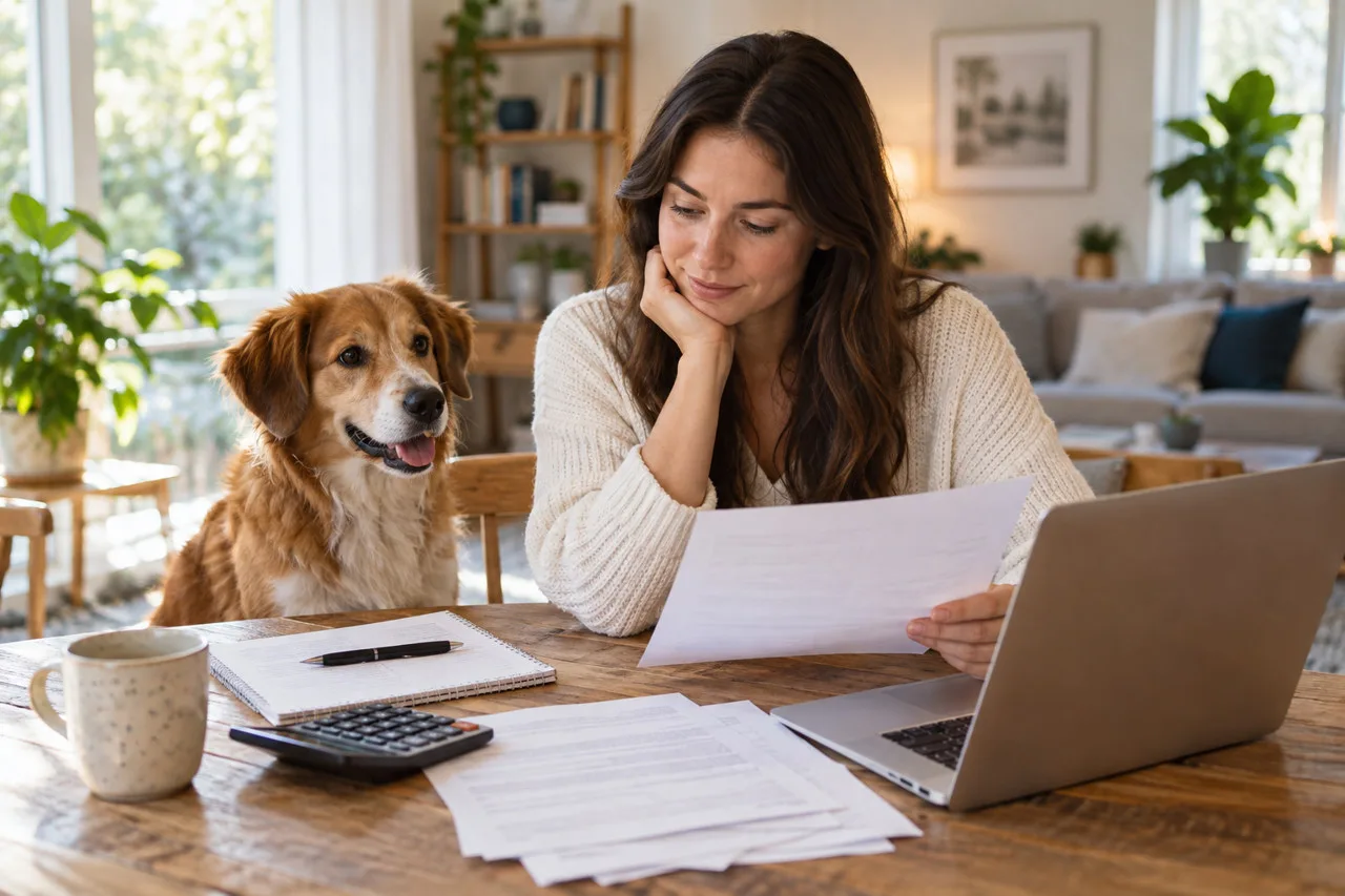 Owner comparing papers beside a dog and laptop